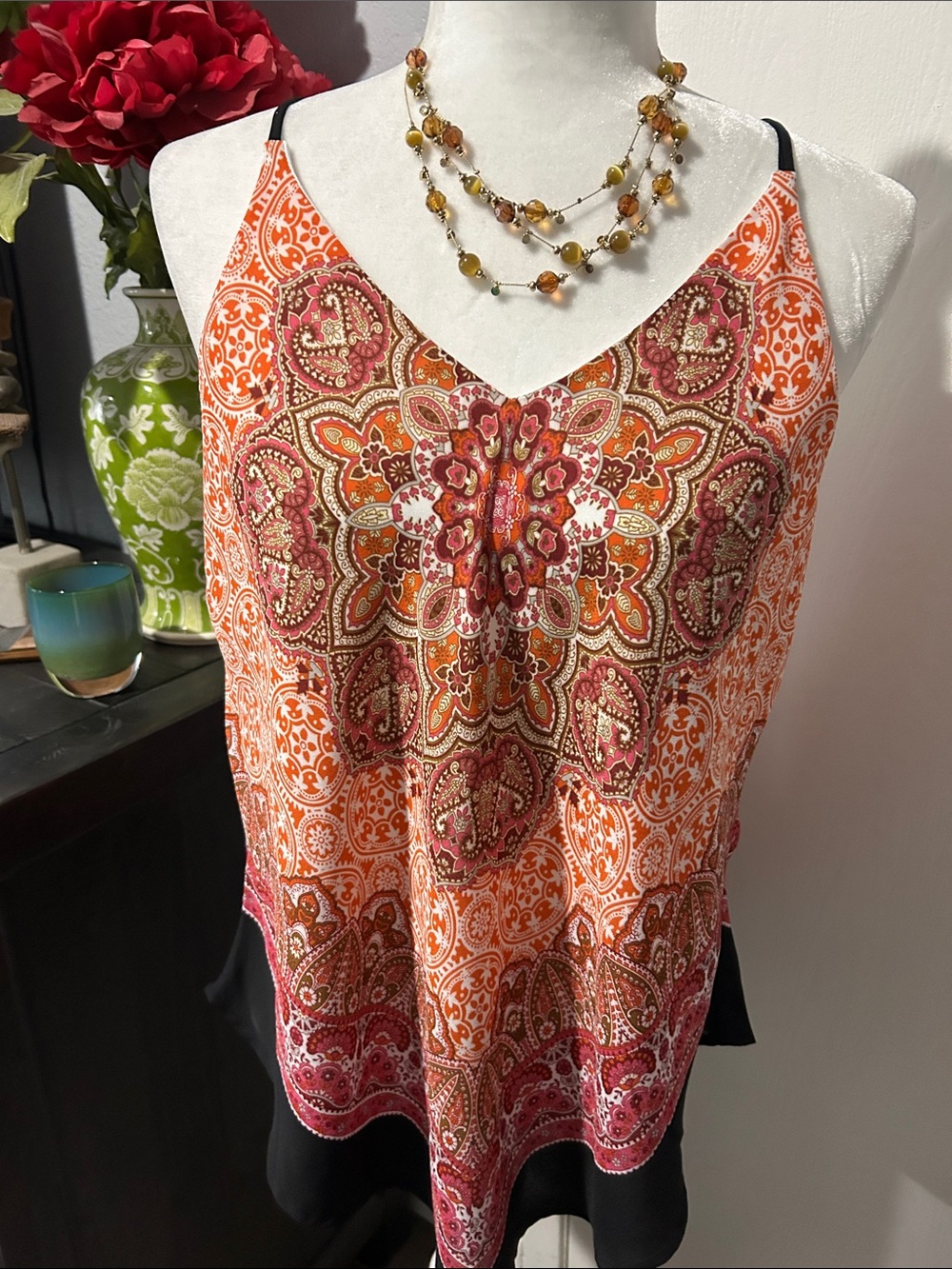 BCX Orange and Pink Paisley V-Neck Cami